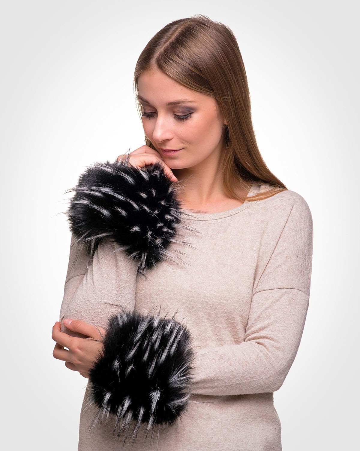 Futrzane Classic Cuffs - Faux Fur Cuffs for Wrists - Womens Coats Furry Warmers (Black with White Classic) - Image 3