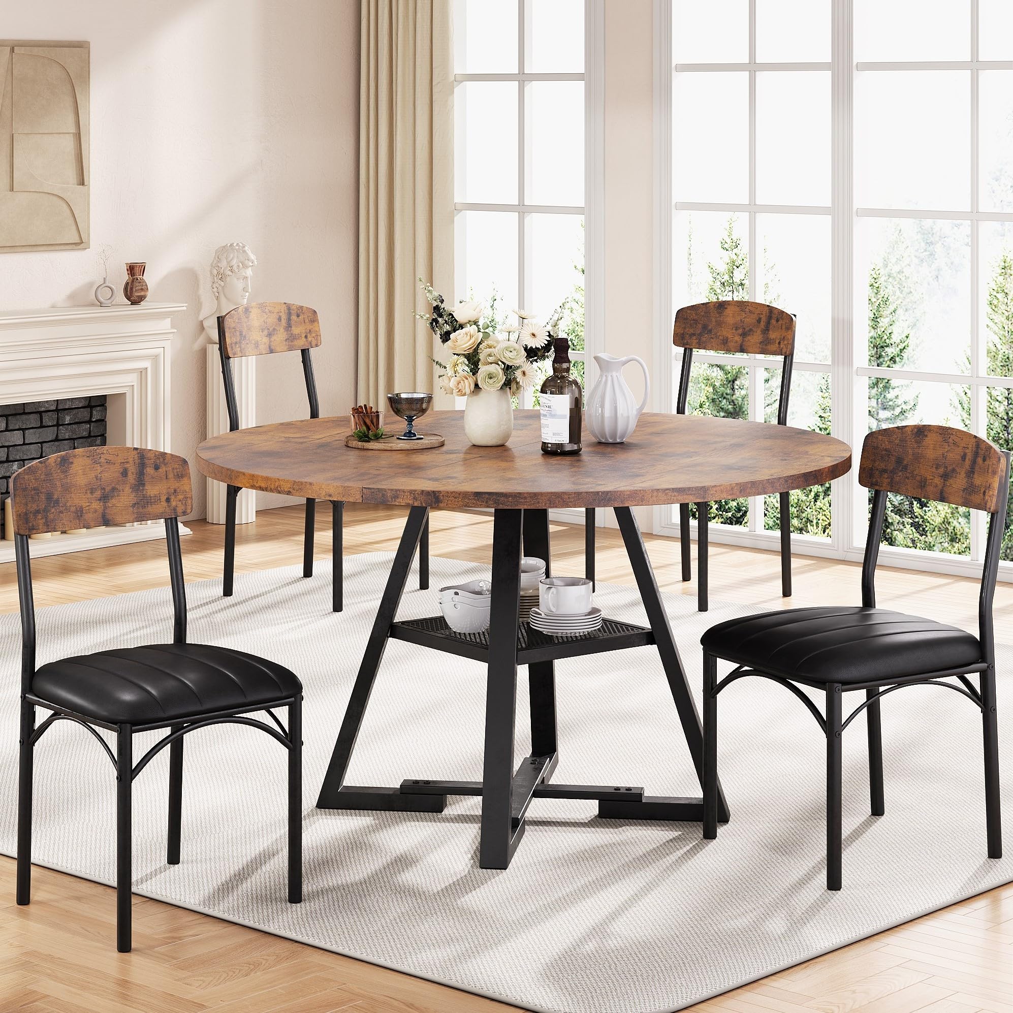 Photo 1 of Dining Table Set for 4,Kitchen Table and Chairs for 4, Round Dining Room Table with Upholstered Chairs, 5 Piece Space Saving Circle Wood Kitchen & Dining Room Dinner Dinette Table Set (Vintage, 47In)