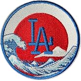 LA Baseball Japanese Heritage Great Wave Embroidered Iron On Patch | Los Angeles Ohtani Yoshi Roki | Celebrates Japanese Angelino Baseball | Light Blue Version | 3 Inches Round