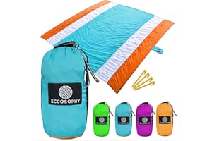 ECCOSOPHY Sandproof Beach Blanket - Oversized Sand Free Beach Mat 9'x10' - Lightweight Outdoor Picnic Blanket Anchored with 4 Corner Sand Pockets & Plastic Stakes - Heat Proof, Quick Drying & Compact