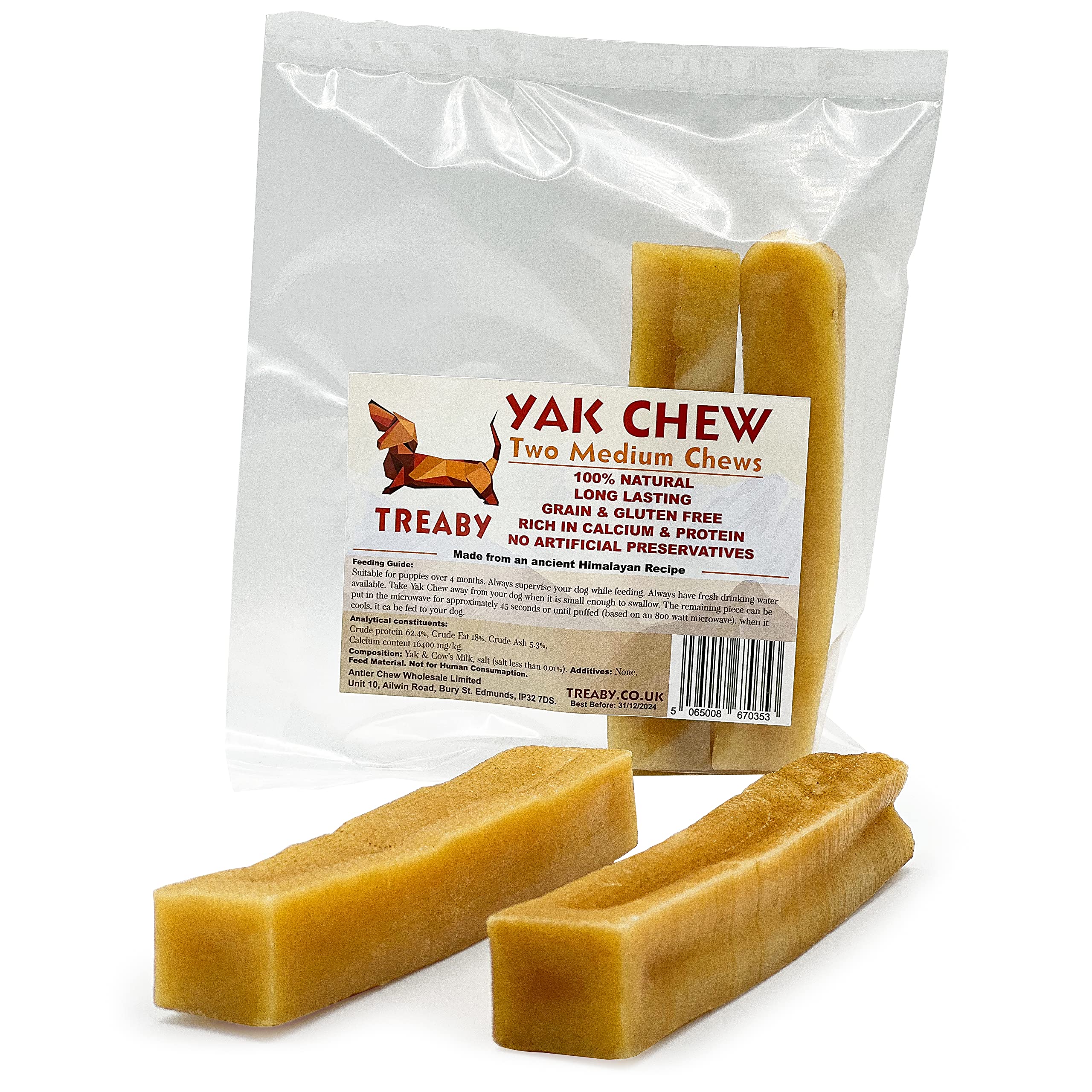 Treaby Himalayan Yak Milk Chews – Medium Dental Sticks for Dogs & Puppies (2 Pack, 79–90g each, 13cm) | Long-Lasting Natural Dog Treats | Grain-Free, Protein-Rich & Healthy Chews for Dental Support