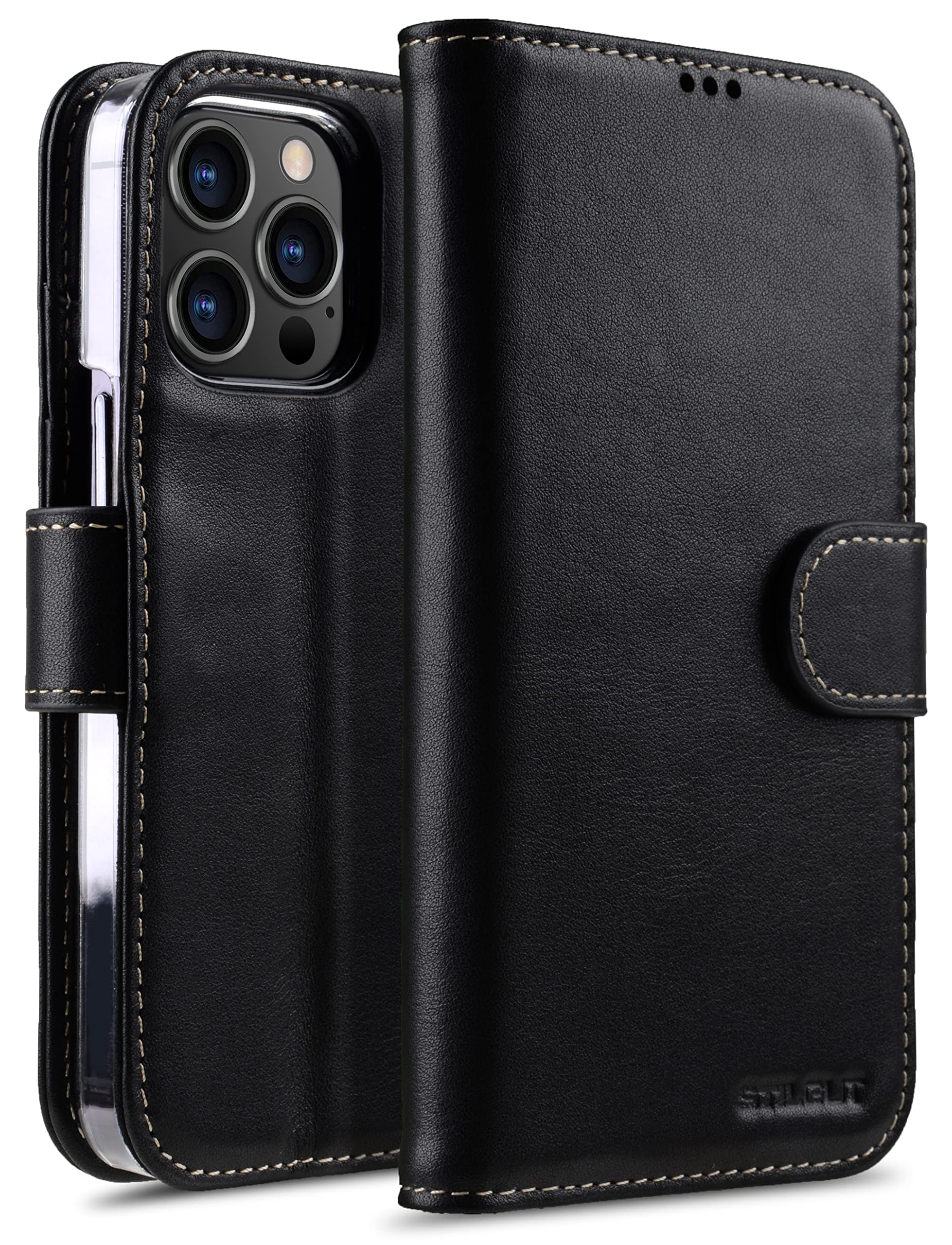 STILGUT Talis Compatible with iPhone 13 Pro Max (6.7 Inch) Leather Case with Card Slot, Flip Cover, Wallet Case, Mobile Phone Case with Compartments, Stand Function & Closure, Black Nappa