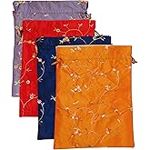 Dodoga 4pcs Embroidered Silk Flower Design Jacquard Travel Bags - Lingerie, Underwear, Laundry, Shoe Storage for Men & Women - Washable Cloth Shoe Bags