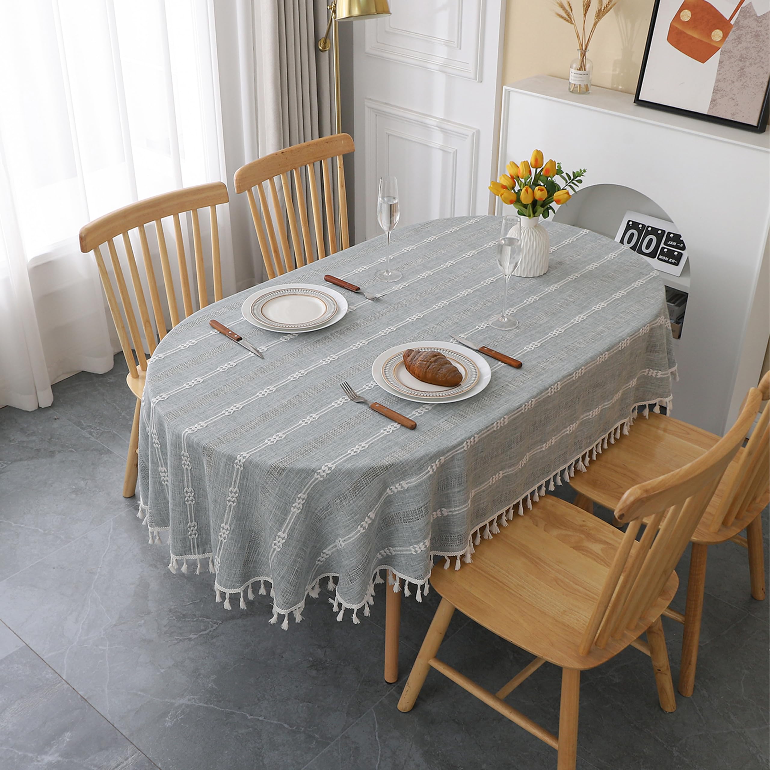 Photo 1 of Gernaice Rustic Stripe Embroidered Oval Tablecloth Heavy Tassel Cotton Linen Table Cloth Wrinkle Free Washable Table Cover for Kitchen Dinning Party Holiday Grey 60x84 Inch