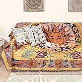 Shesyuki Boho Throw Blanket for Bed Couch Sofa Reversible Cotton Bohemian Travel Boho QuiltMexican Muslin Blanket Tapestry Hippie Room Decor Outdoor Blanket Double Sided (Sun Pattern Yellow 60"x80")