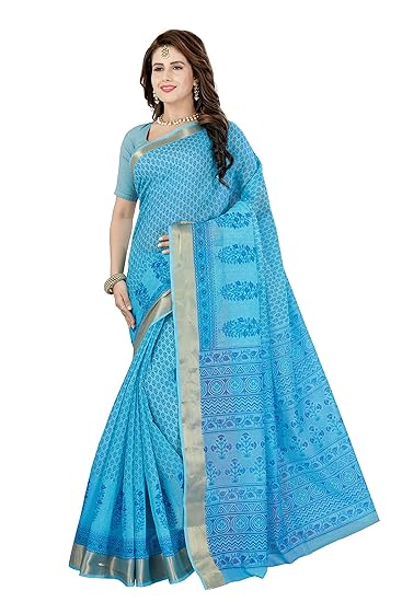 Womens Poly Cotton Printed Saree with Blouse Piece (SKR5387; Light Blue)