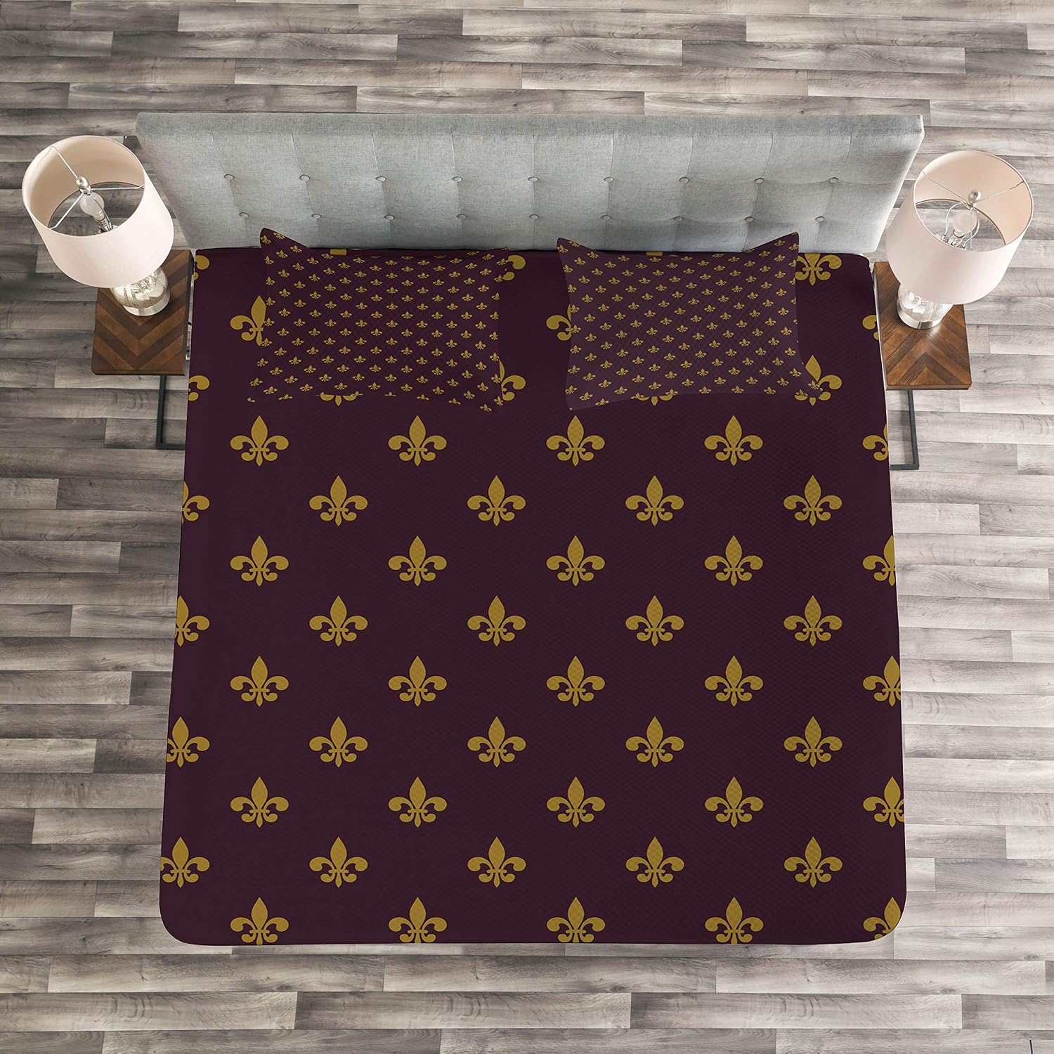 ABAKUHAUS Fleur De Lis Bedspread Set, Royal Pattern, Decorative Quilted 3 Piece Coverlet Set including 2 Pillow Shams, Earth Yellow - Image 4