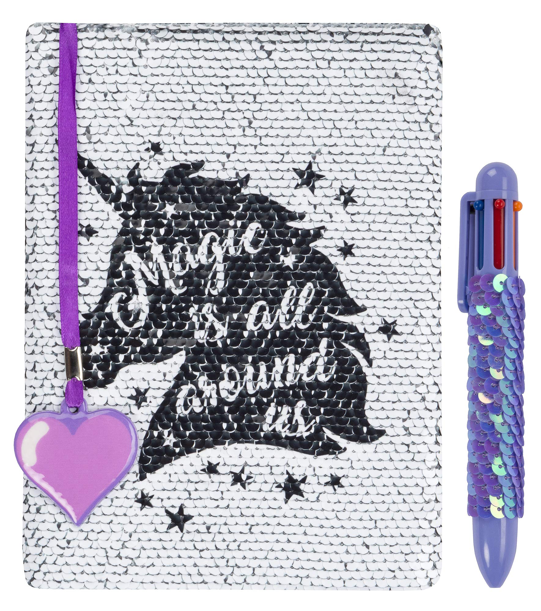 Fringoo® Reversible Sequin Diary with Multipoint Rainbow Pen for Girls Boys A5 Notebook with Bookmark Glitter School Unicorn Notepad 80 Pages (Magic All Around)