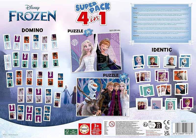 - Superpack Frozen Elsa 4 en 1 | Puzzle 4 5 3 Años, Juego Mesa Niña | 2 Puzzles 25 y 50 Piezas, Dominó 28 Fichas, Memory | Regalo Niña 3 4 5 Años (19737)