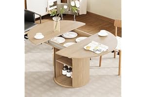 weselon 43"-59" Extendable Round to Oval Dining Table with Hidden Storage, Modern Wooden Kitchen Table with Fluted Sliding Door Cabinet, Expandable Dinner Table for Dining Room Living Room (Natural)
