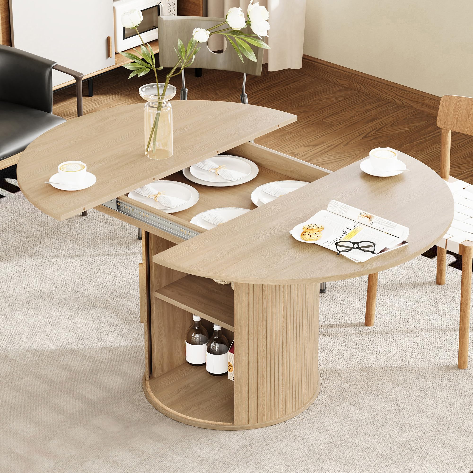 weselon Mesa de comedor extensible redonda a ovalada de 43 a 59 pulgadas con almacenamiento oculto, mesa de cocina moderna de madera con gabinete de puerta corredera estriada, mesa de cena expandible para comedor sala de estar (natural)
