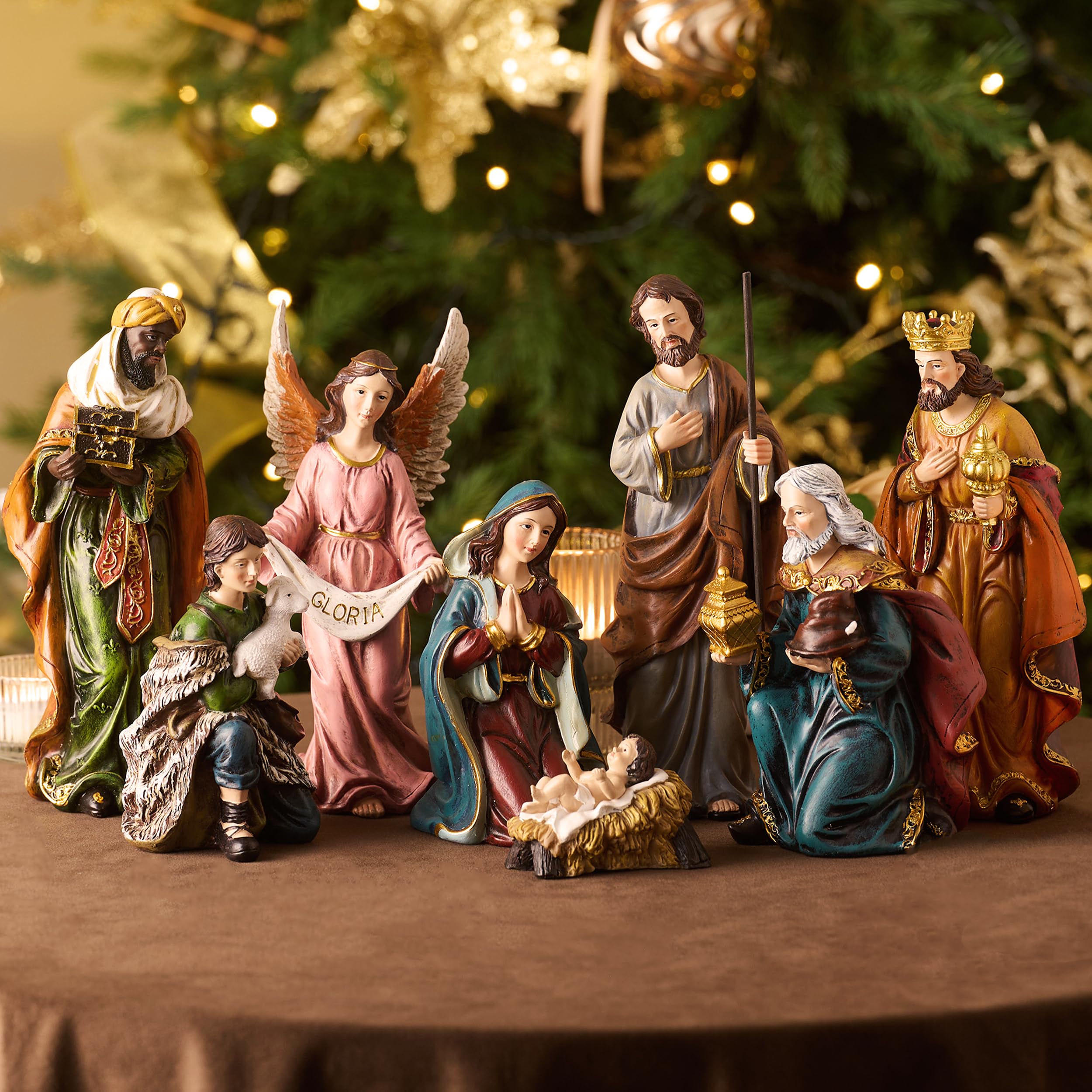 8-Piece Christmas Nativity Set With LED Lights - Wood Manger Nativity Scene Indoor Decor