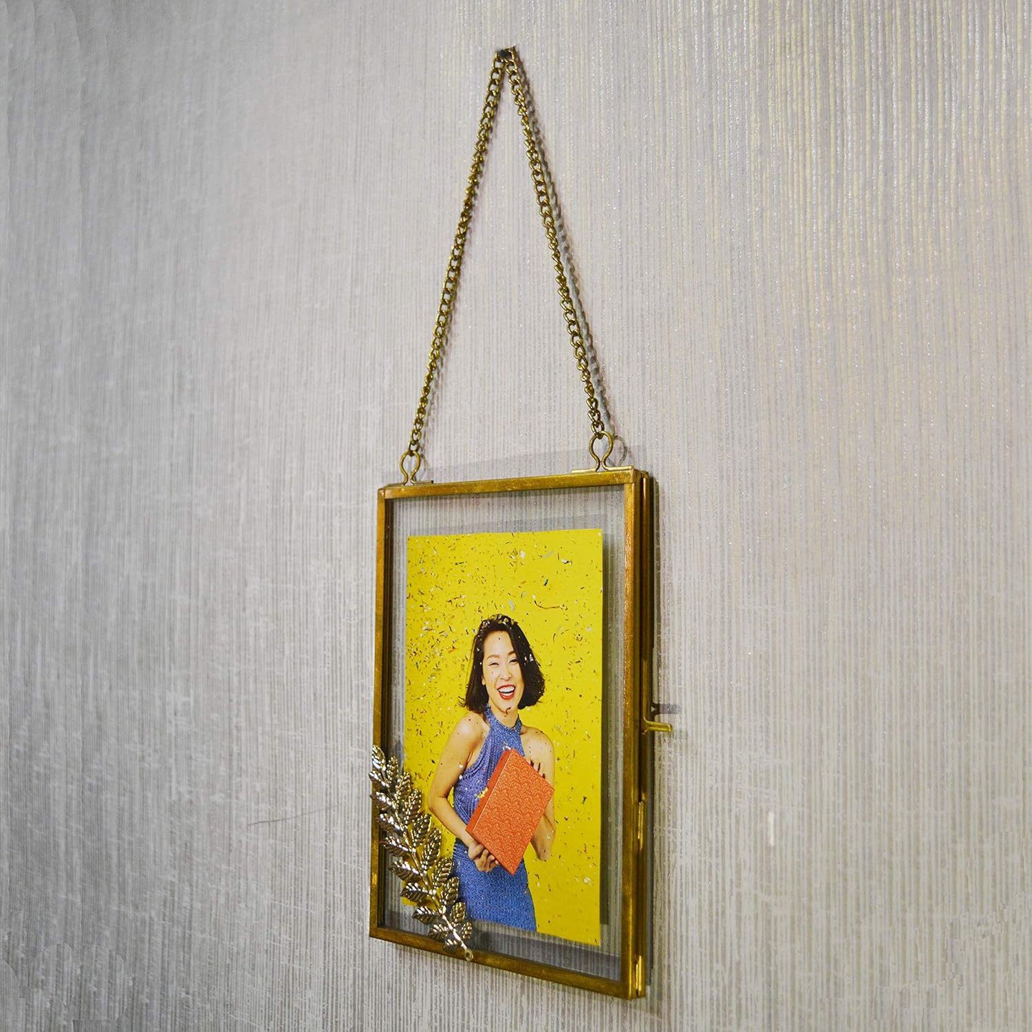 Hollyhock Gold Hanging Glass Photo Frame, Pressed Glass Frame, Brass