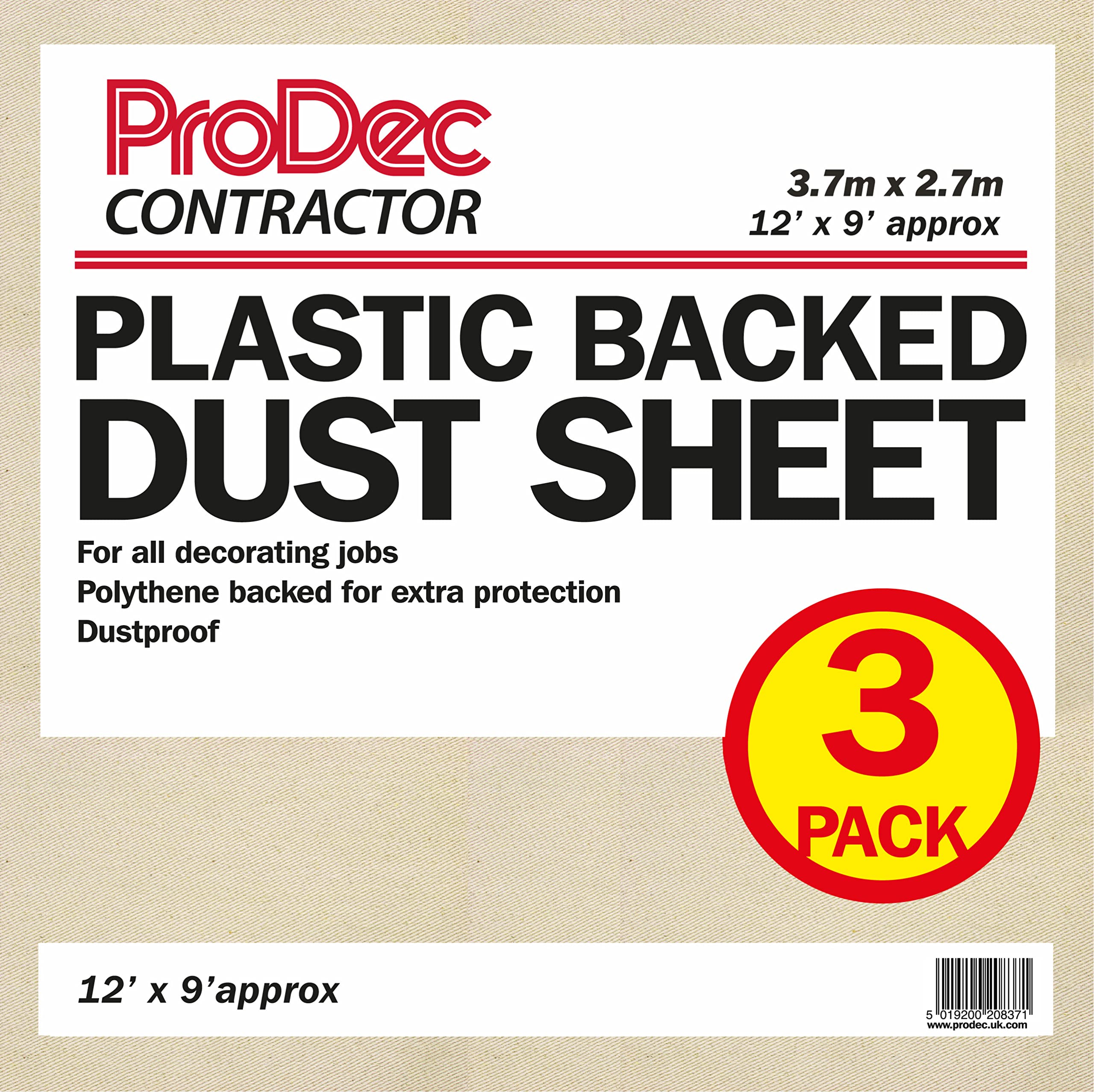 ProDec Contractor 3 pack 12ft x 9ft Contractor Poly Backed Dust Sheet Drop Cloth For Painting Decorating Covering Stairs, Hallways, Corridors and Floors, Absorbs Spills, No Soak Through, Reusable