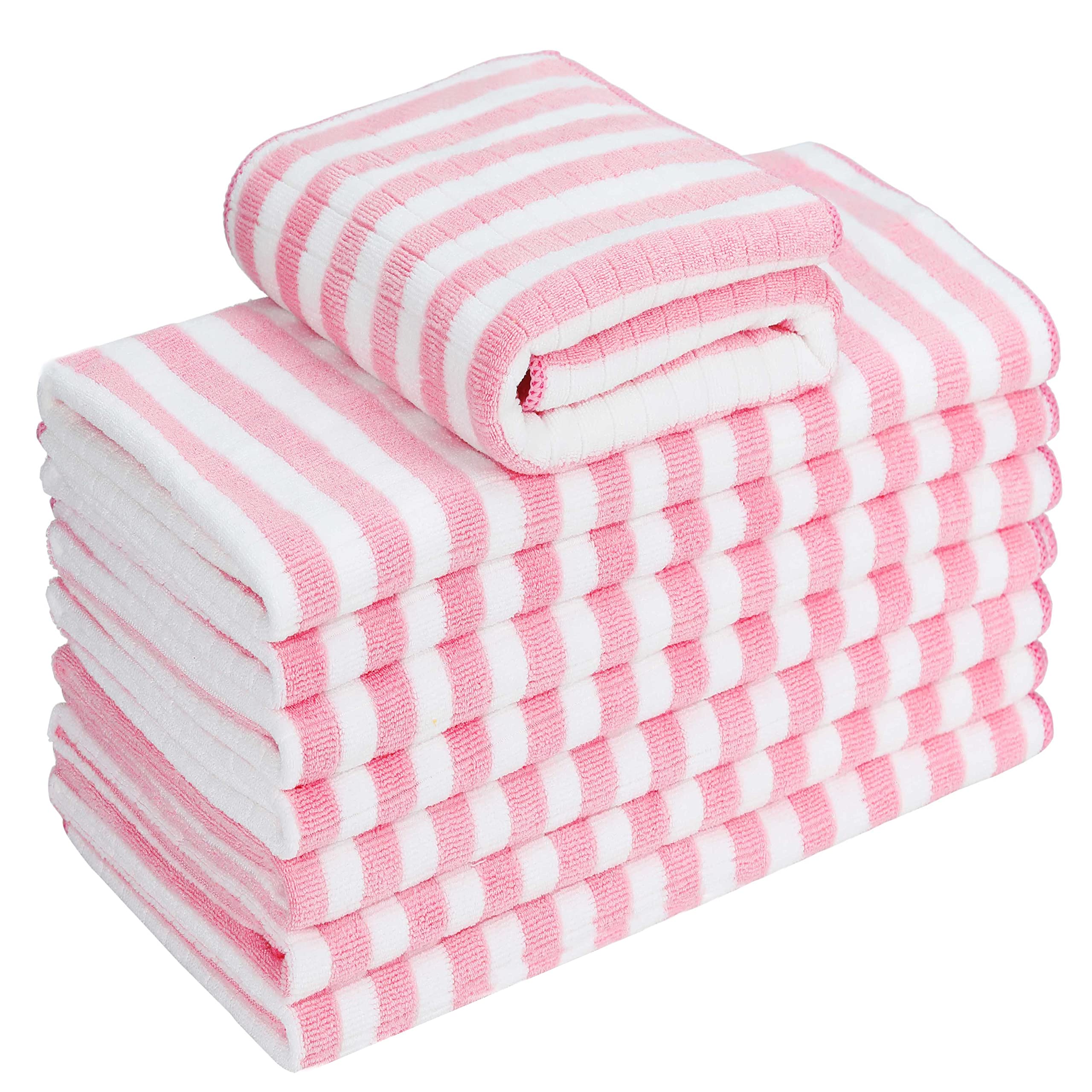 gryeer 8 Pack Microfibre Tea Towels, Super Absorbent, Soft and Thick Kitchen Towels, Check designed with Hanging Loops, 65 x 45 cm, Pink