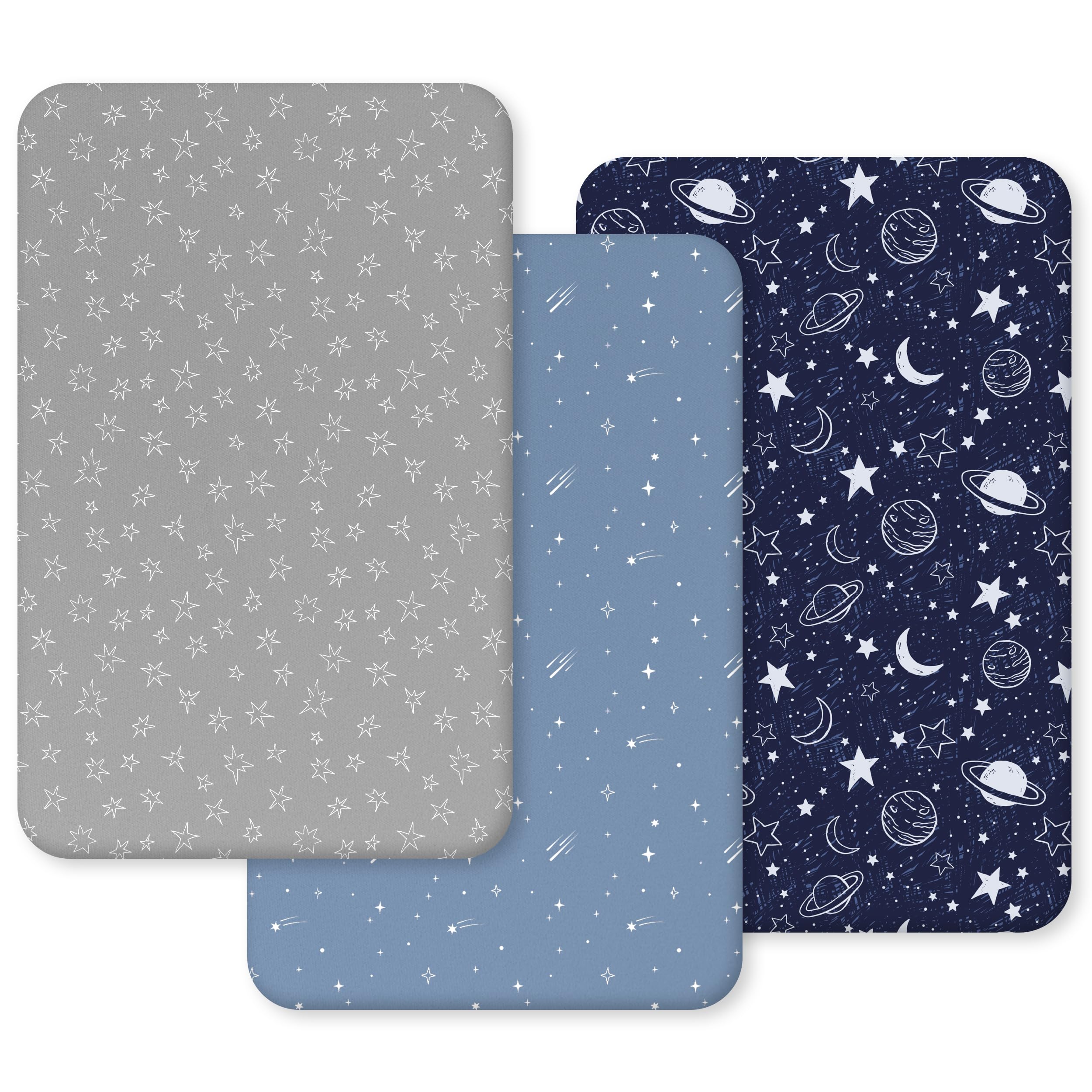 Unnivoll Next to Me Crib Sheets 51 x 85 cm Super Soft & Breathable Bedside Crib Fitted Sheets 3 Pack Dark Blue Planet