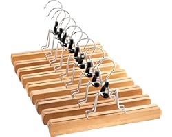 High-Grade Wooden Pants Hangers with Clips 10 Pack Non Slip Skirt Hangers, Smooth Finish Solid Wood Jeans/Slack Hanger with 3