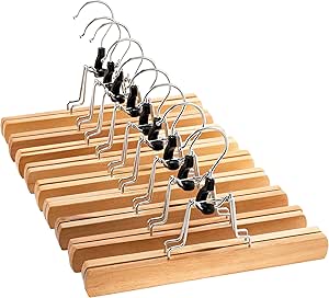 High-Grade Wooden Pants Hangers with Clips 10 Pack Non Slip Skirt Hangers, Smooth Finish Solid Wood Jeans/Slack Hanger with 360° Swivel Hook - Pants Clip Hangers for Skirts, Slacks - Clamp Hangers