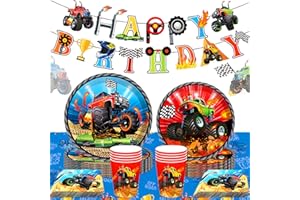 ROARING GOOD TIME 46 PCS Monster Trucks Birthday Decoration Monster Trucks Party Supplies Monster Trucks Party Plates and Napkins Monster Trucks Tablecloth Monster Trucks Birthday Banner