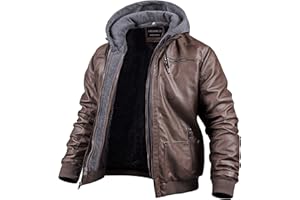CREATMO US Men's Faux Leather Jacket Motorcycle Jacket Waterproof Windproof PU Moto Vintage Bomber Hoodie with Removable Hood