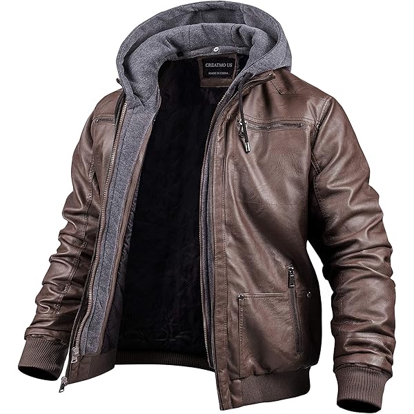 SWJGLITTR Men's Retro Hooded Leather Jacket Slim Fit Bomber Casual