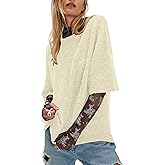 Fhniepan Womens Short Sleeve Sweater Summer Oversized Casual Crewneck Pullover Sweaters Crop Drop Shoulder Knit Tops