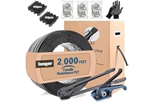 FoundGo PET Banding Strapping Kit for Heavy Duty Tough Pallet Packaging Strapping Tool with >1500lbs 5/8" x 2000' PET Strapping Roll & its own Pull-Out Box 200 Corner Protectors 450 Seals-Gray