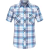 JMBONHEUR Men's Western Cowboy Pearl Snap Buttons Plaid Short Sleeve 2 Pockets with Pen Holder Lightweight Casual Shirt
