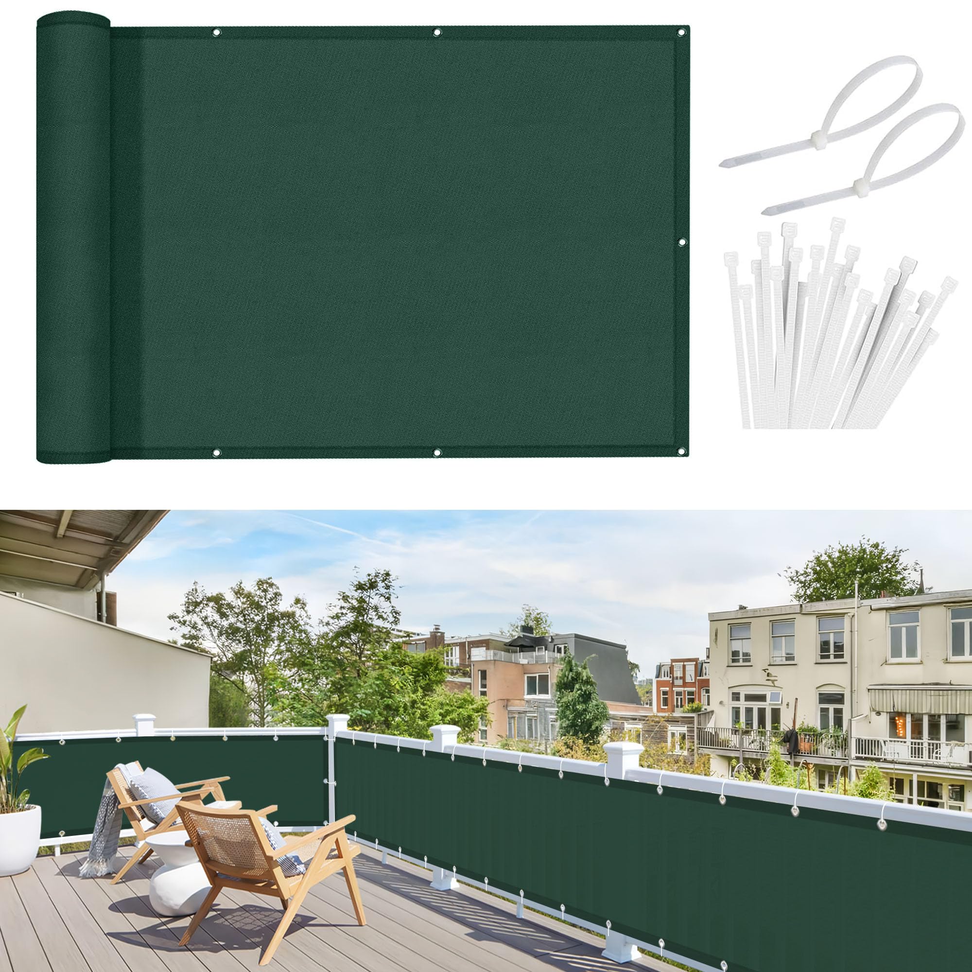 Sunnylaxx Balcony Privacy Screen 80x200 cm Fence Screen for Balcony and Patio,Balcony Cover, PES(170g/㎡) Water-Repellent Wind Protection,with Rope and Aluminium Eyelets Green