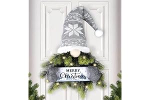 OUDDY DECOR Gnome Christmas Door Wreath Decorations, Merry Christmas Sign Front Door Wreath with Artificial Pine Spruce Fairy String Lights for Home Porch Window Wall Mantel Christmas Decor, Gray