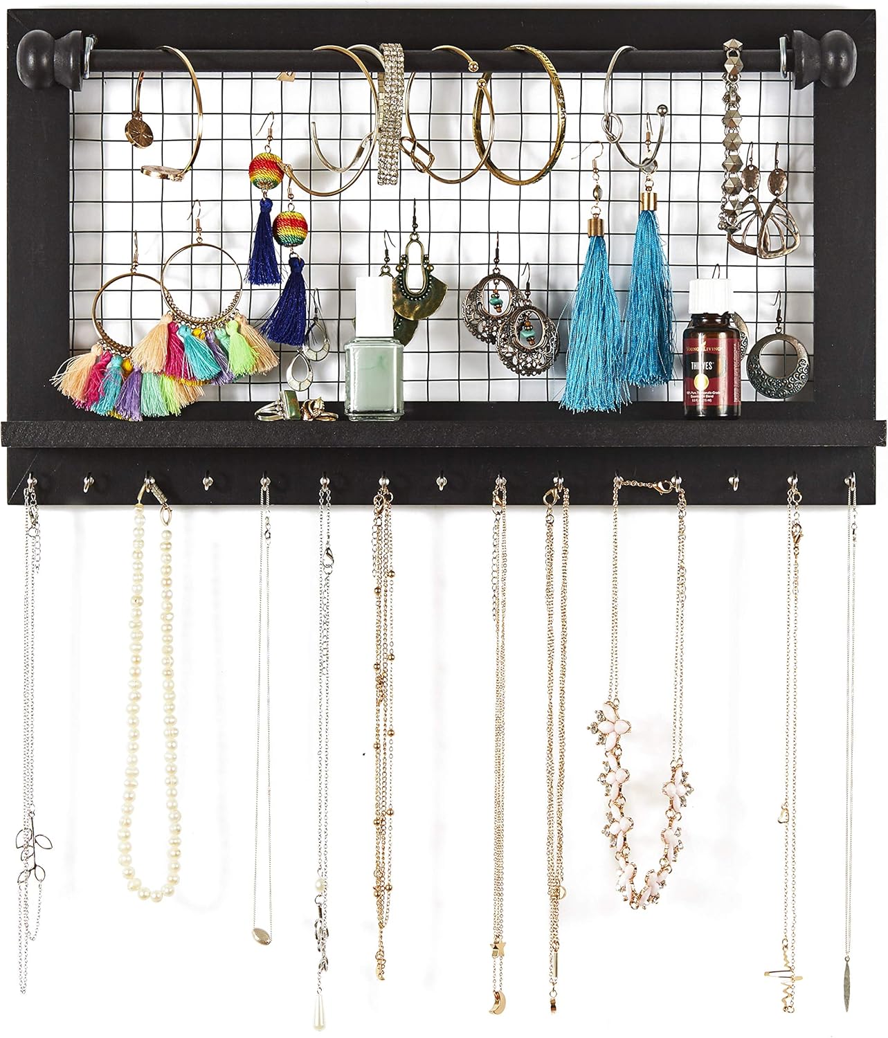 Jewelry Holder Wall Mounted With Removable Bracelet Rod Wooden