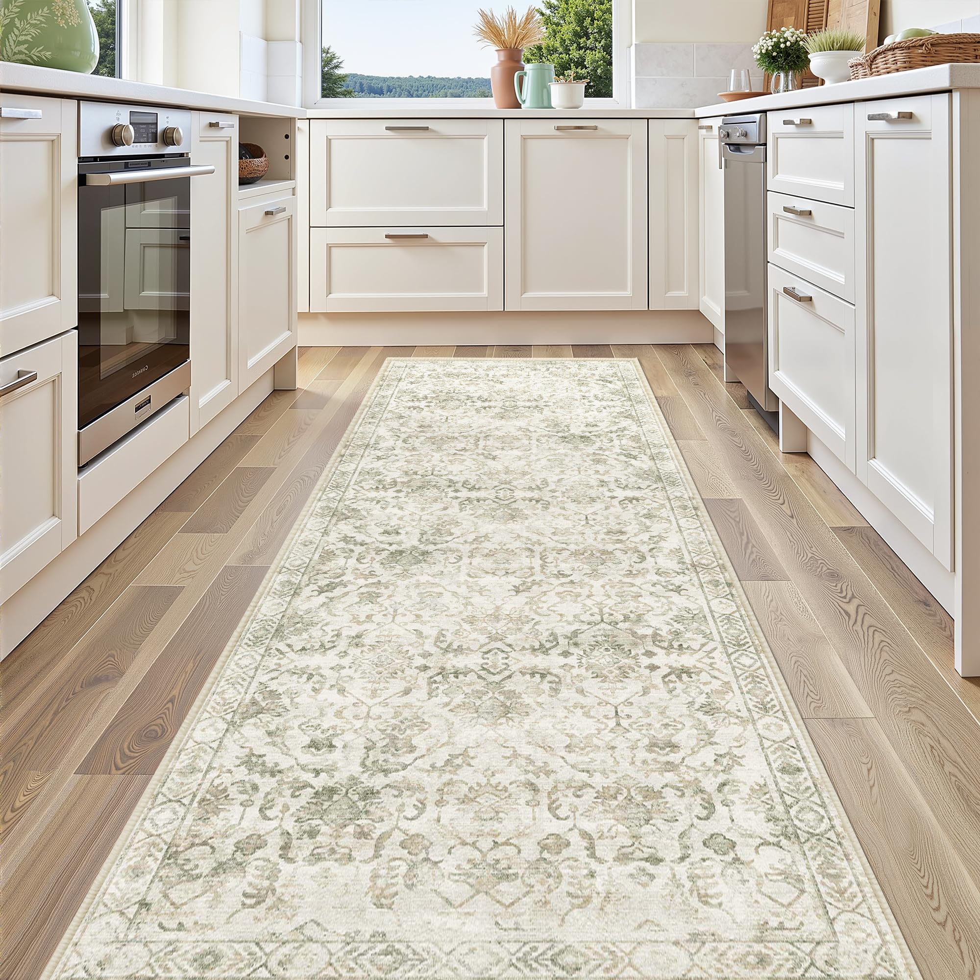 Beige Green 3x10 Runner Rug for Hallways Bed Side Kitchen, Boho Washable Distressed Low-Pile Floor Entryway Long Bathroom Mat, Non-Slip Laundry Room Washstand Front Carpet Green 36x84 Inch
