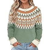 LOMON Womens Casual Lightweight Vintage Fair Isle Sweater Raglan Sleeve Crew Neck Knitted Pullover Comfy Warm Fall Tops