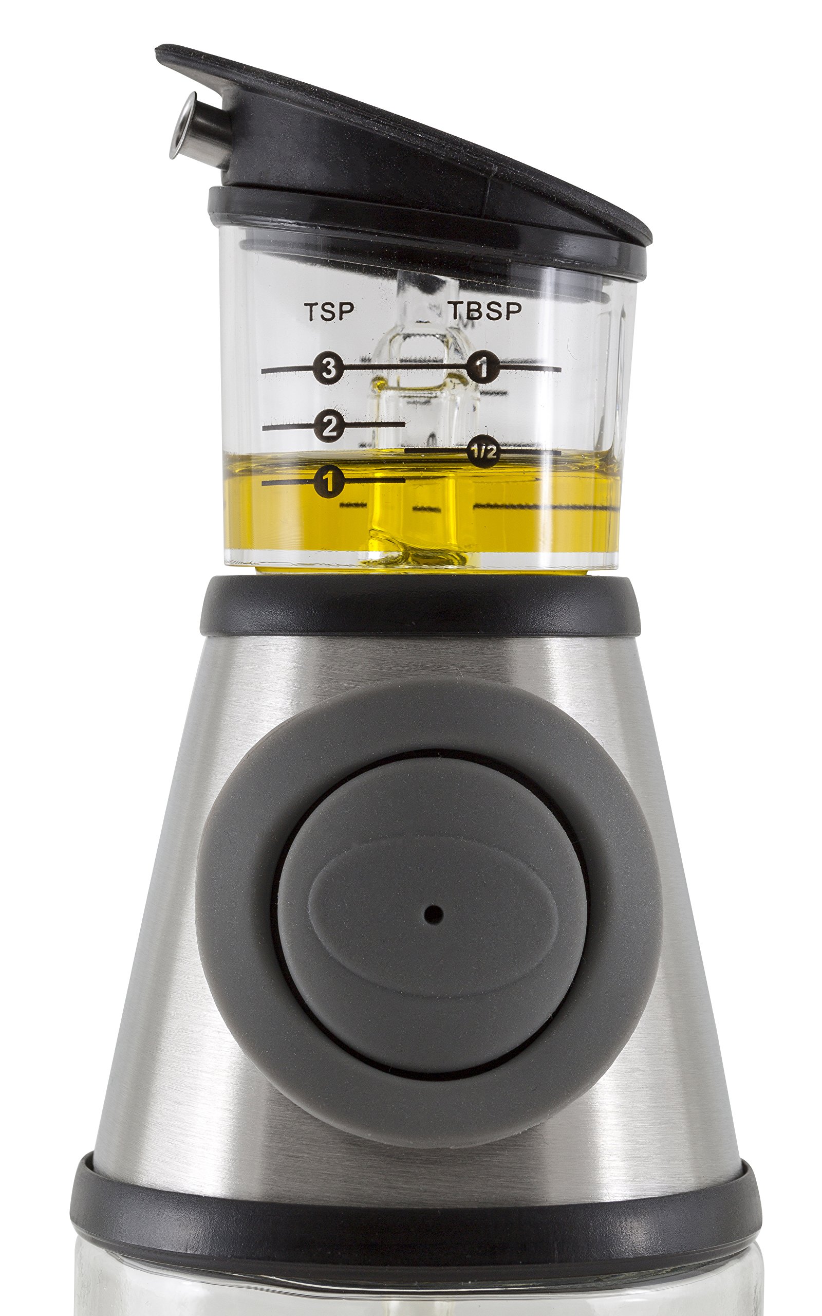 LittleSomething Olive Oil and Vinegar Dispenser - Glass Oil Bottle Non Drip 11 Ounce - Measuring Oil Pourer for Kitchen - Stainless Steel Silver