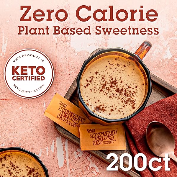 MONK FRUIT IN THE RAW SWEETENER PACKETS, 200 CT, KETO CERTIFIED MONK FRUIT SWEETENER PACKETS, ZERO CALORIES, ZERO NET CARBS, NON-GMO PROJECT VERIFIED, VEGA, LOW GLYCEMIC INDEX