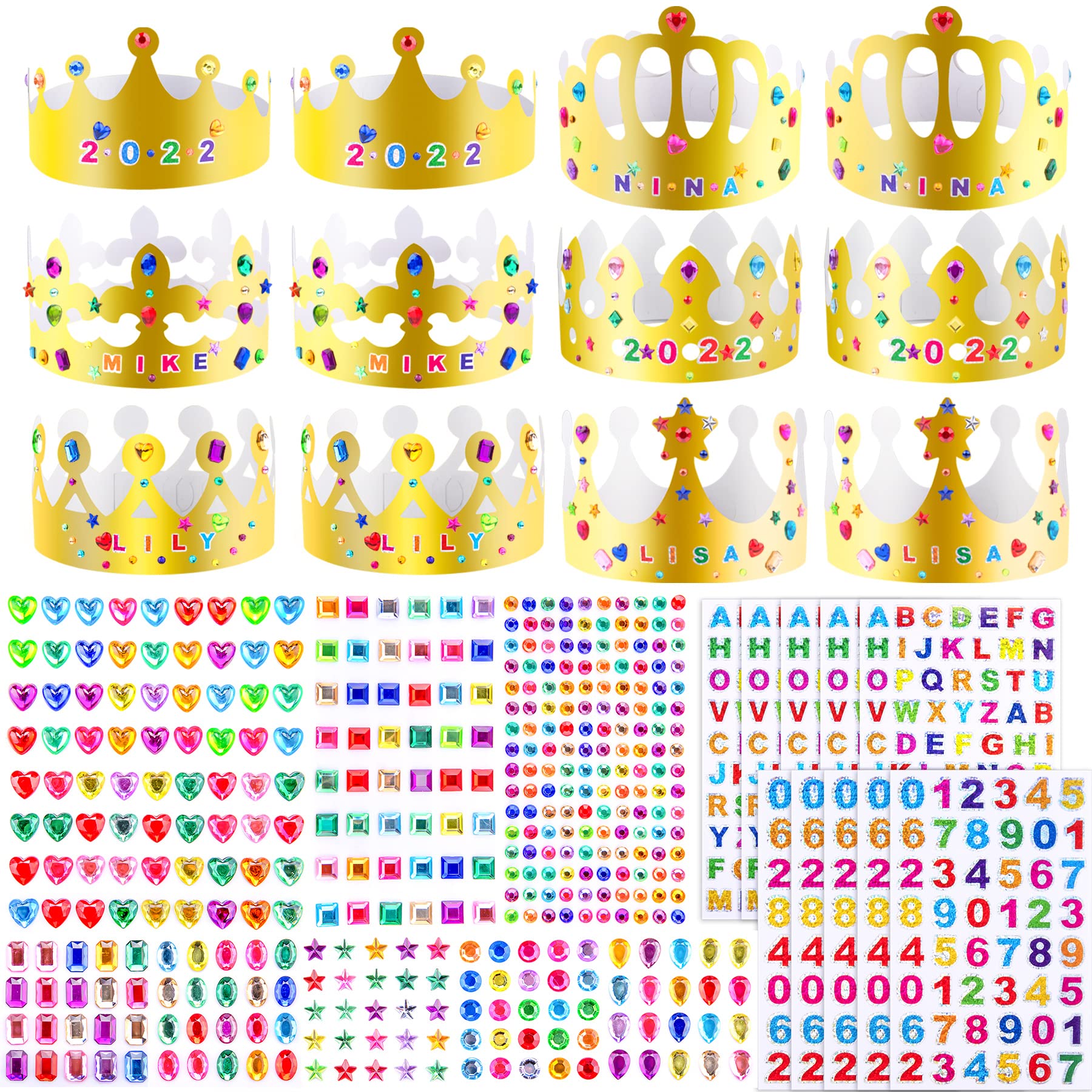 SIQUK 24 Golden Party Crowns with 980 Gem Jewels Alphabet Number Letter Stickers for Princess Prince and Celebration
