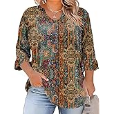 TFSDOD Plus Size Tops for Women V Neck 3/4 Sleeve Pleated Blouses Dressy Casual Fashion Tunic Top (1X-5X)