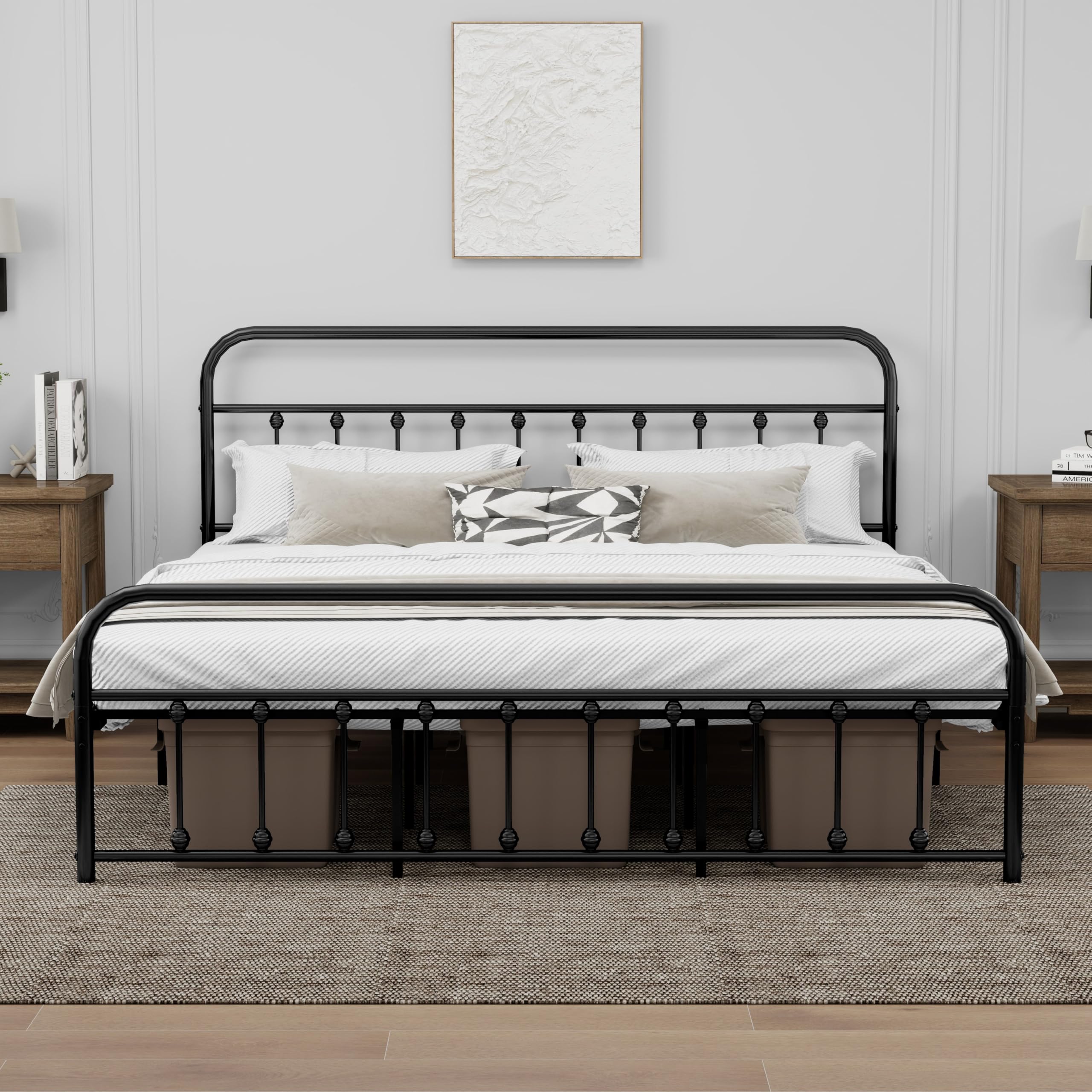 WJORATA Sturdy Metal King Size Bed Frame with Headboard Footboard Steel Slats Support No Box Spring Needed Black