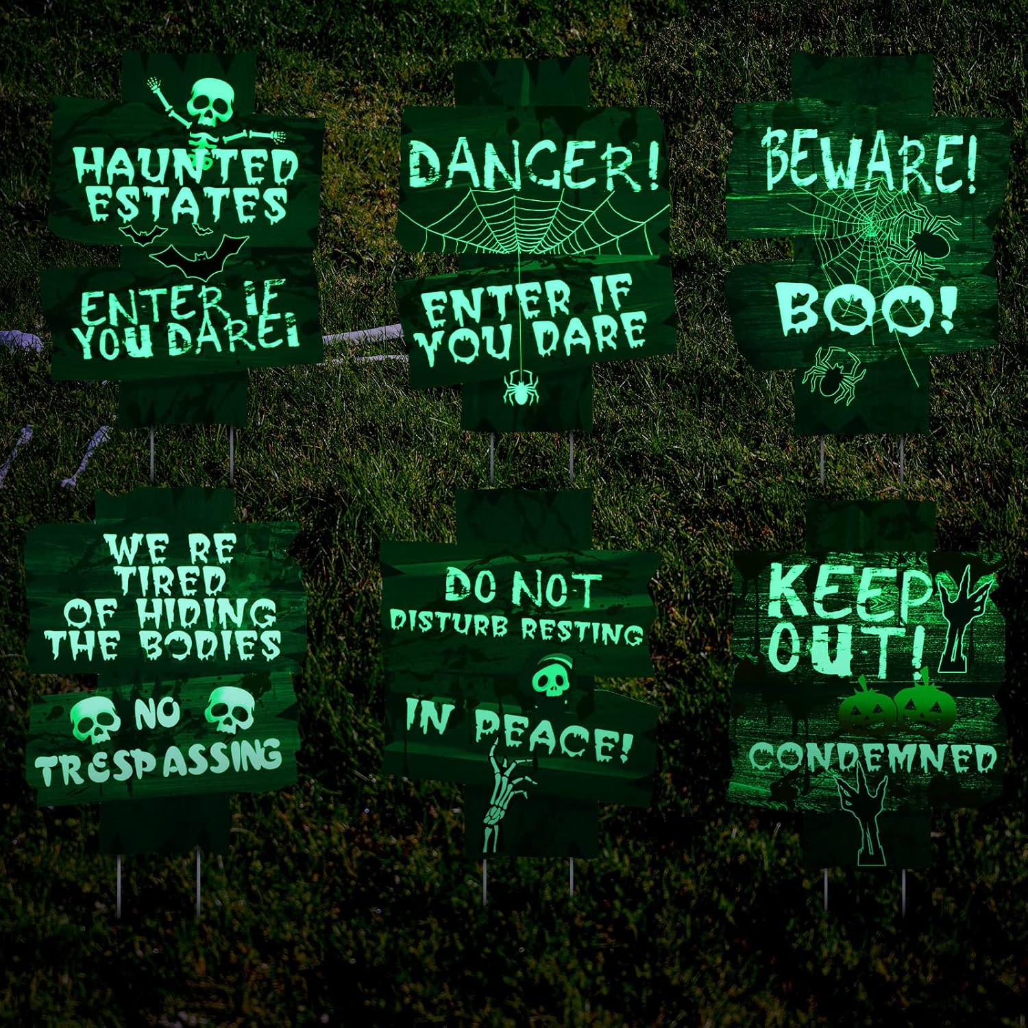 Yard Signs - 6 Pcs Halloween Decorations Glow in Dark Yard Sign Fluorescence Scary Halloween Outdoor Decorations Beware Props for Lawn Graveyard Graves Haunted House Zombie Vampire Graves Holiday Party