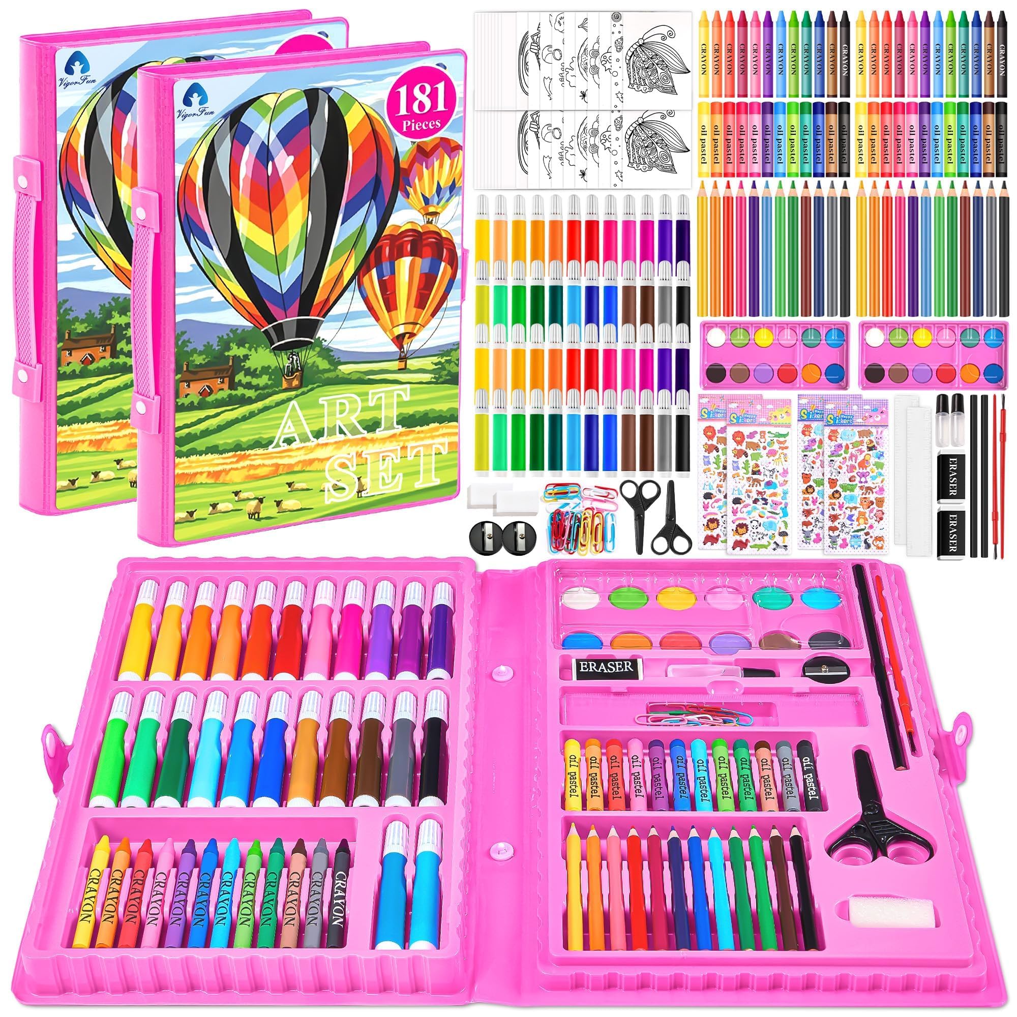Photo 1 of 2 Pack Art Kit, Vigorfun Drawing Painting Art Supplies for Kids Girls Boys Teens, Gifts Art Set Case Includes Oil Pastels, Crayons, Colored Pencils, Watercolor Cakes (Pink)