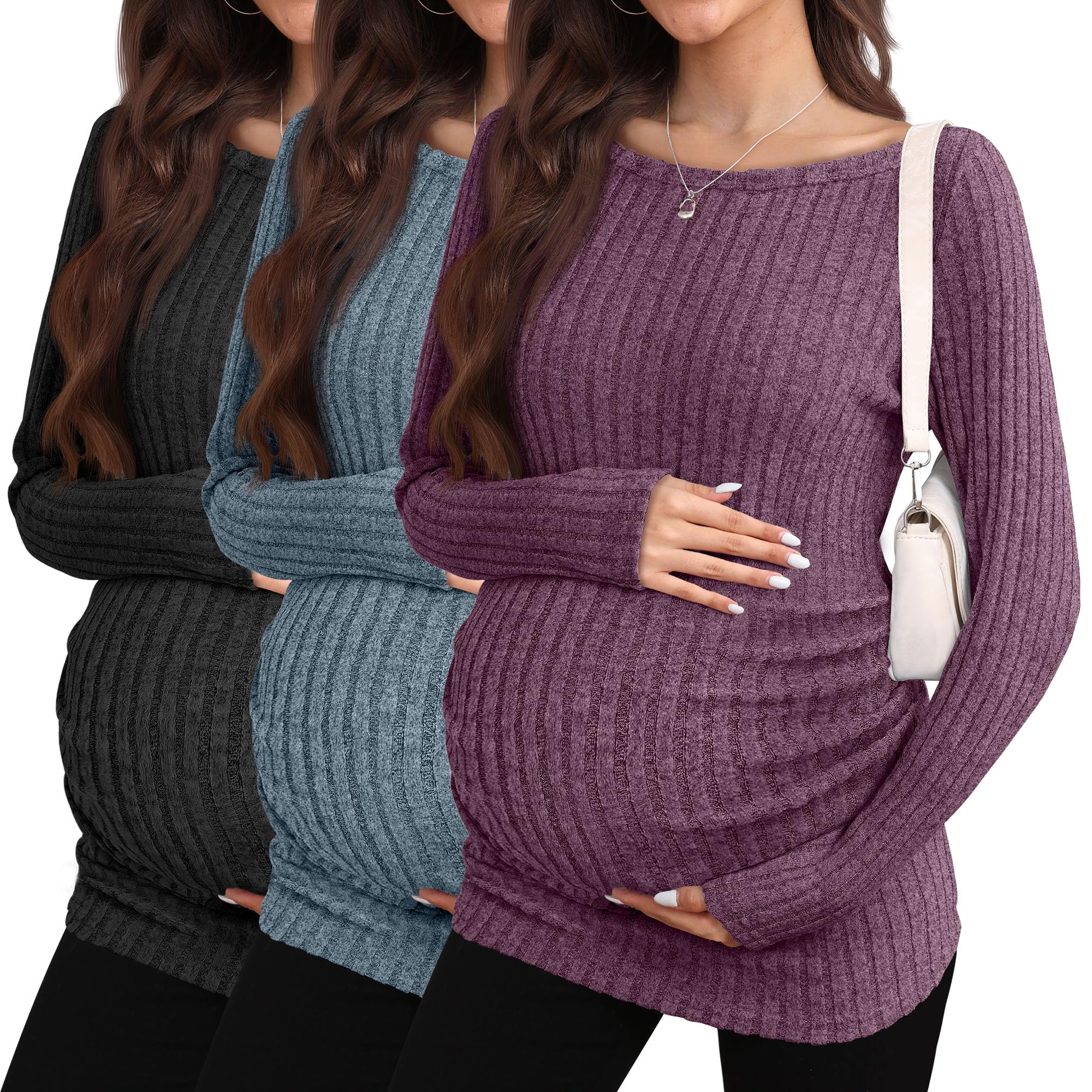 Photo 1 of ***only black***Sweetyweee 3 Pack Fall Maternity Shirts Long Sleeve Maternity Sweaters Boat Neck Ribbed Lightweight Pregnancy Winter Tops(Purple, Blue, Black,Medium)