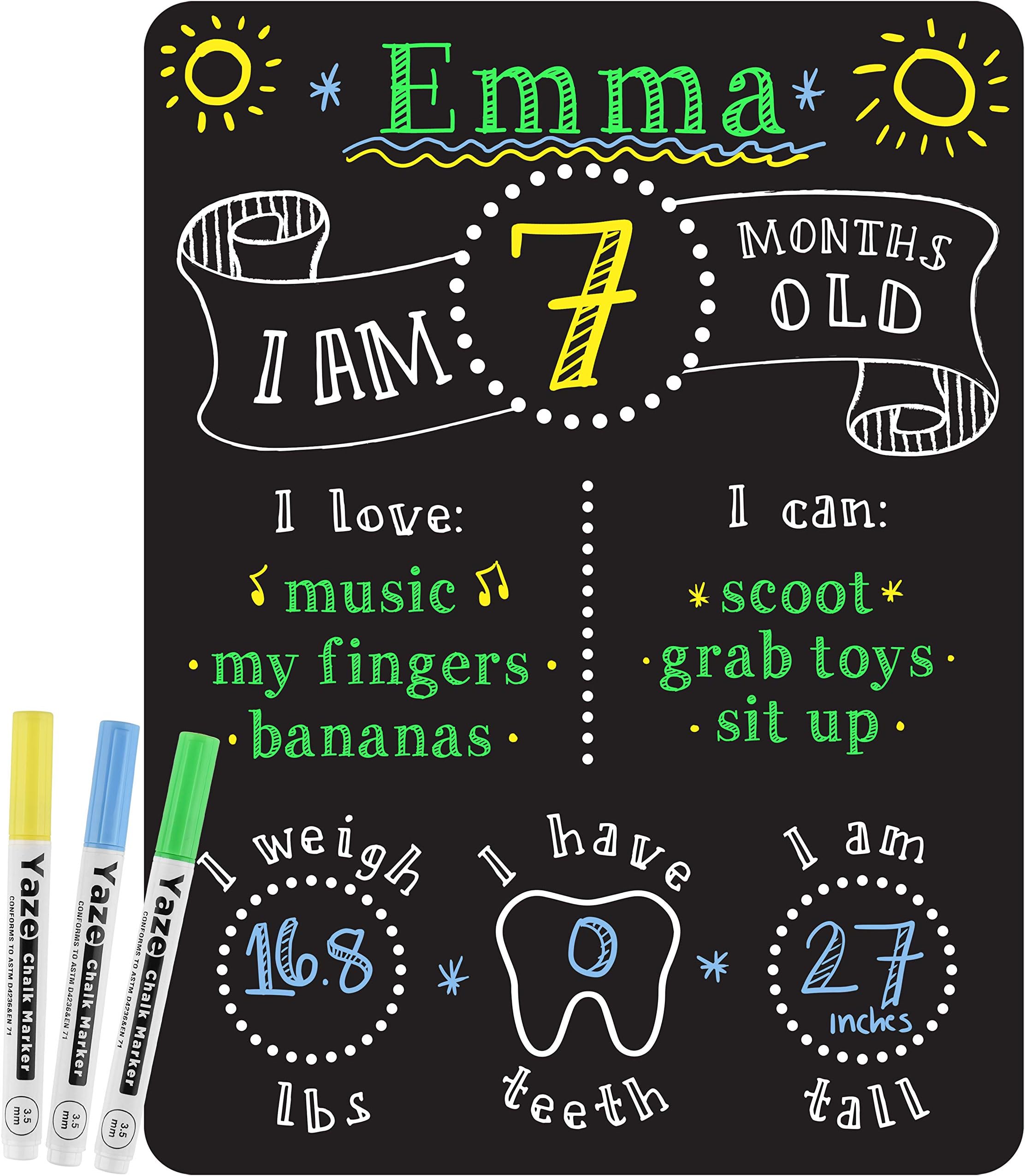 Baby Monthly Milestone Board - Perfect Baby Shower Gift for New Moms - Dry Erase Chalkboard Sign with 3 Chalk Markers - 9X12” - Reusable Photo Prop Board