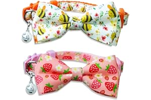 MIIEMIU 2 Pack Spring/Summer Cat Collar with Bow Tie, Honeybee and Cutie Strawberry Flower Collar for Kitties and Kittens