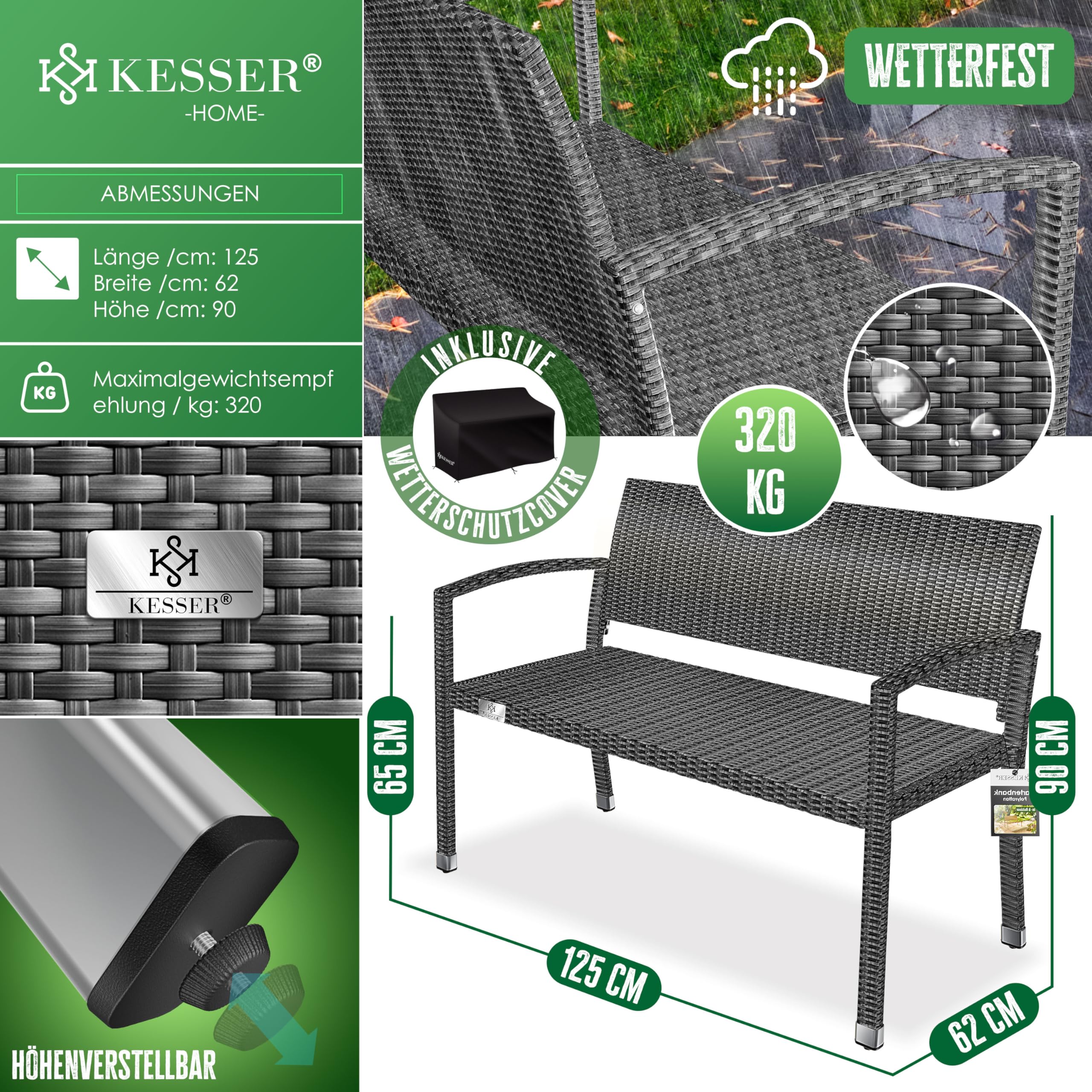KESSER® Gartenbank Polyrattan 2-Sitzer Wetterfest | Rattan Sitzbank UV-Beständig bis 320kg belastbar | Balkon Bank 125x62x90cm Garten-Möbel mit Cover & ergonomischen Armlehnen für 2 Personen Anthrazit 2