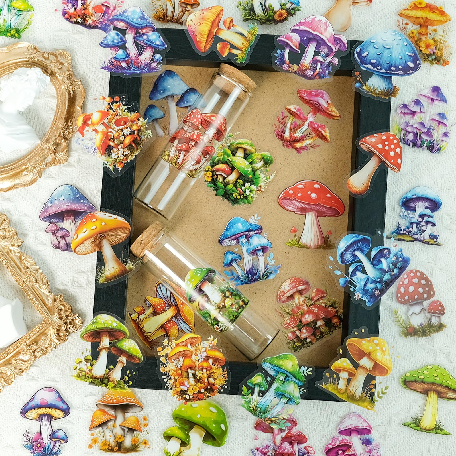 Vinyl Stickers 50 Pcs Plant Stickers Wrapped PET Transparent Waterproof Retro Natural Realistic Mushroom Stickers DIY Ledger Decoration Stickers