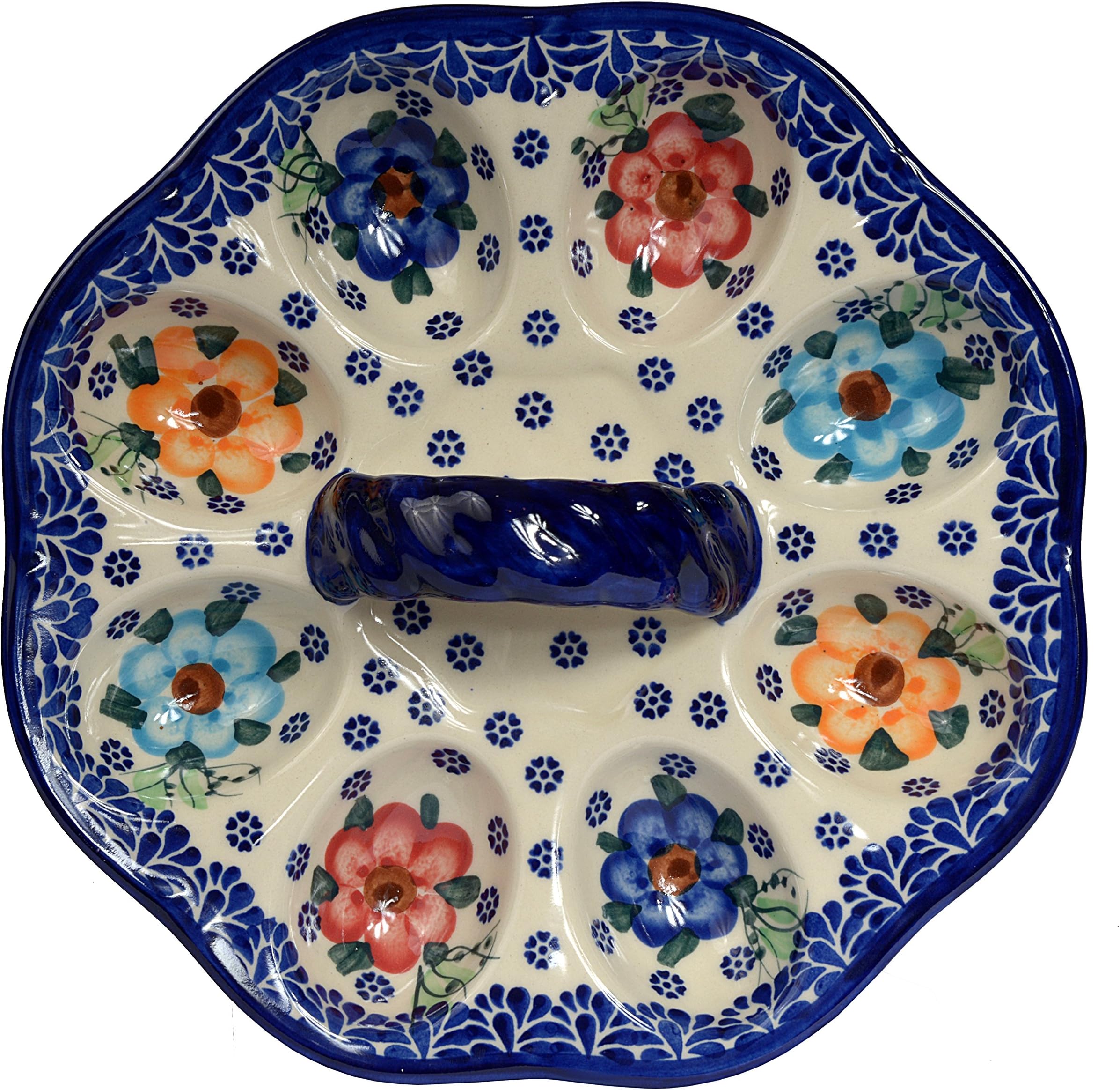 Traditional Polish Pottery, Handcrafted Ceramic Devilled Egg Platter with a Handle, Boleslawiec Style Pattern, D22cm, S.102.Garland