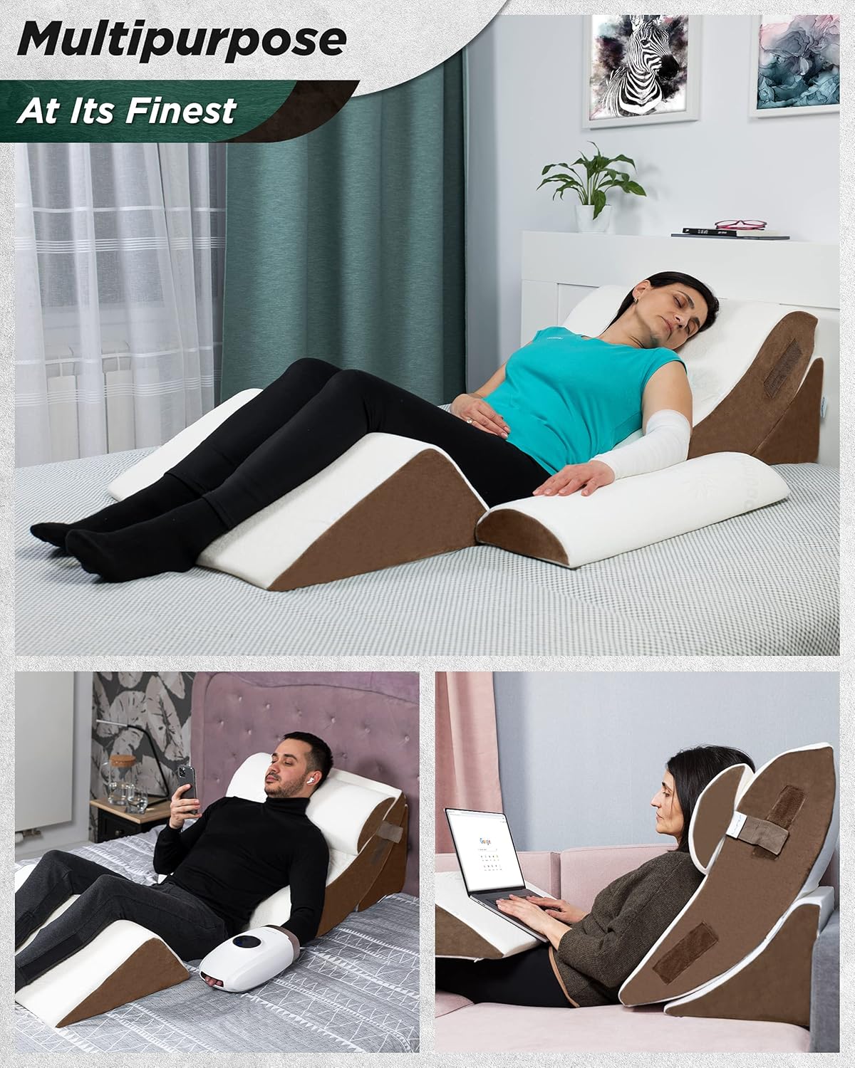 Lunix LX5 4pcs Orthopedic Bed Wedge Pillow Set, Post Surgery Memory Foam for Back, Neck and Leg Pain Relief. Sitting Pillow, Comfortable and Adjustable Pillows Acid Reflux and GERD for Sleeping Brown: Kitchen & Dining