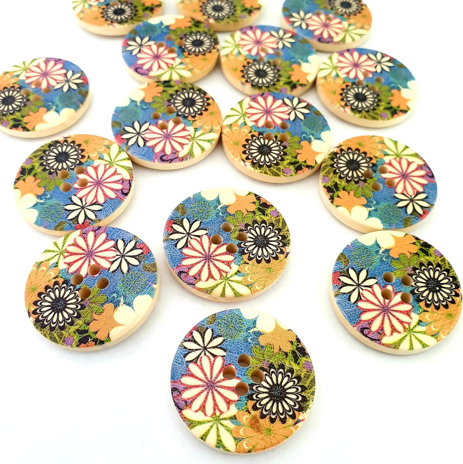 MajorCrafts® 14pcs 30mm Multicoloured Flowers 4 Holes Sewing Round