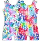 Snowheart Gymnastics Leotards for Girls 8-9 Years Old Dreamy Leaves Gym Leos Shiny Purple Blue Stars Biketards 2 Pack