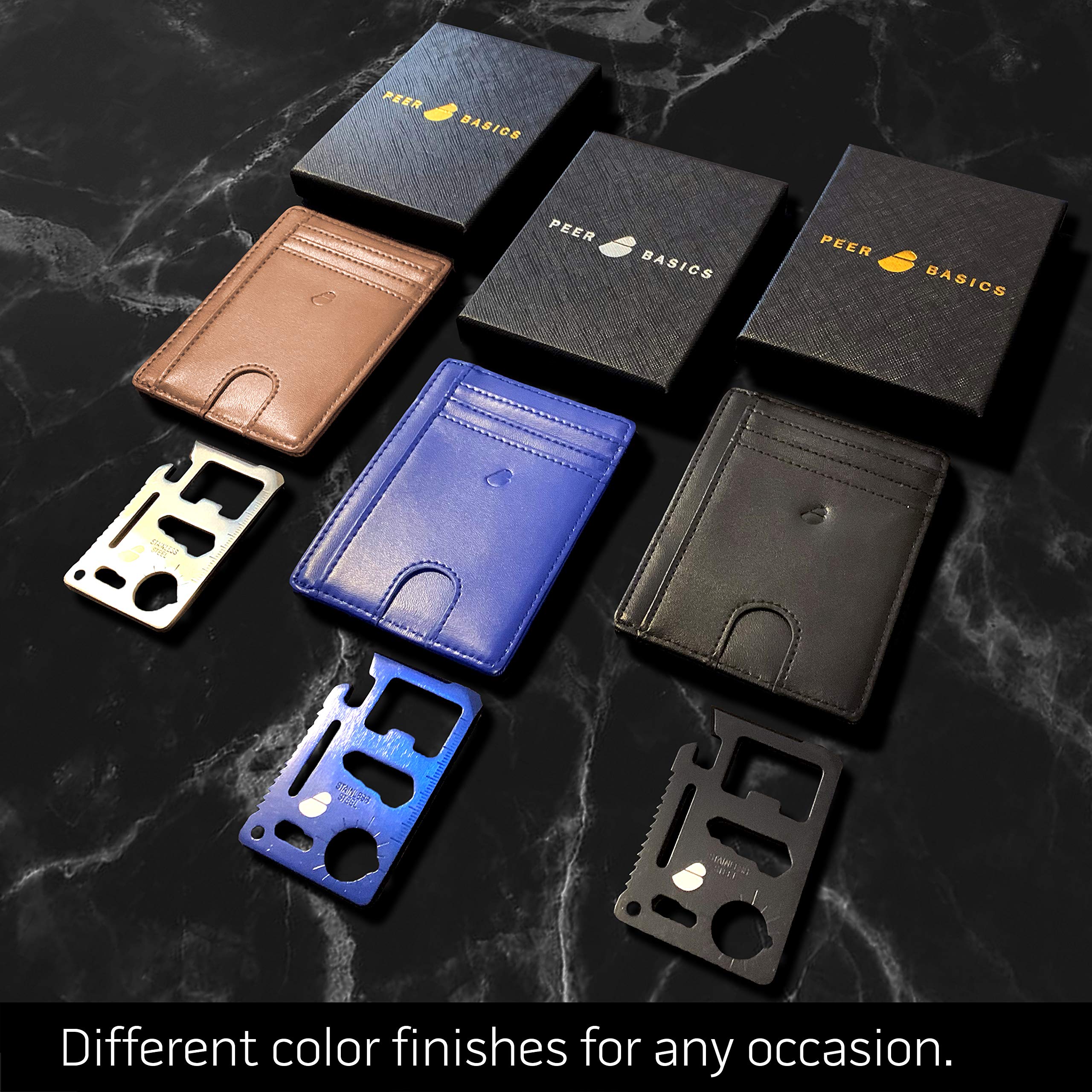 PeerBasics Minimalist Slim RFID-Blocking Men\'s/Women\'s Wallet PLUS 11-in-1 Stainless Steel Credit Card Pocket Sized Survival Multi Tool (Space Black)